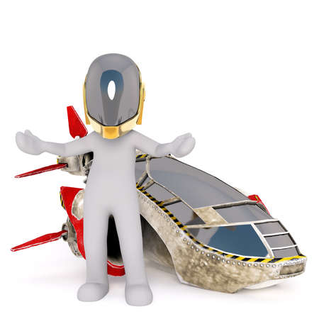 Triumphant 3D illustrated pilot wearing gold plated helmet and standing with arms with beside his...