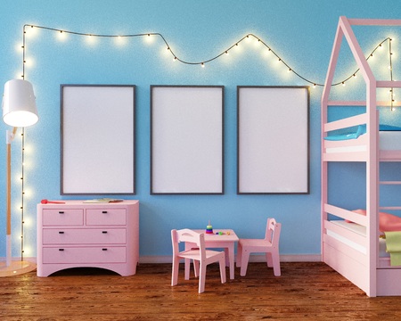 Mock up poster childrens color room, with light bulbs. 3d illustration