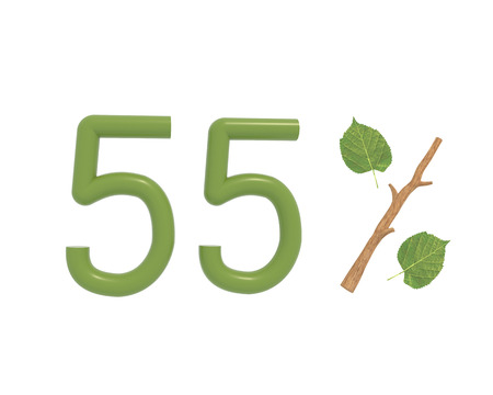 3d illustration green text designed with leaves and a stick (branch) percent icon isolated on white background. For spring sale campaigns. special,  spring,  stick,  stickerの写真素材