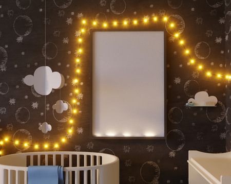 Mock up poster children's color room, with light bulbs. 3d illustration  photo,  picture,  pink,  poster,  room,  space,  studio,  template,  up,  wall,  whiteの写真素材