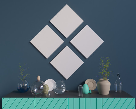 Poster over the cupboard with utensils, minimalism, interior, background, 3D rendering, 3D illustrationsの写真素材