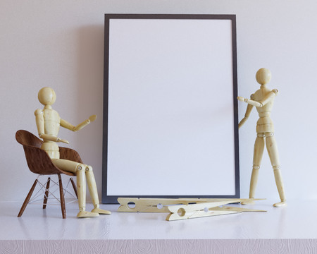 Designer desk objects moscow up poster with for branding identity design.3d illustration template,  the black,  top,  toy,  up,  view,  vintage,  white,  wood,  woodenの写真素材