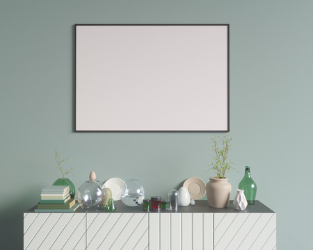 Poster over the cupboard with utensils, minimalism, interior, background, 3D rendering