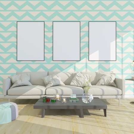 Layout poster with chair and hippest fabric minimalism interior background, 3D rendering,