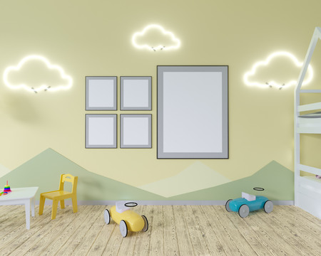 Room interior with a crib, cloud shaped lamps and a toy. Blue walls. Concept of minimalism. 3d...