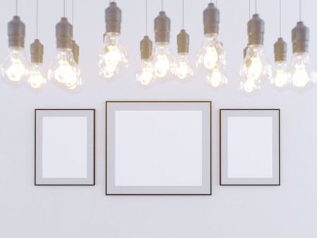 Poster Mock-up, Mock-up Template On Isolated White Background, Ready For Your Design, 3D Illustration. space,  template,  three,  up,  wall,  white frame,の写真素材