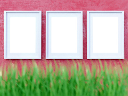 Layout poster frame, front view, with decor elements, flowers and empty space on a red background....