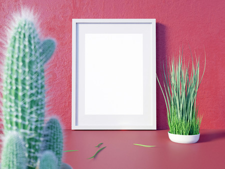 Layout poster frame, front view, with decor elements, flowers and empty space on a red background. 3d illustration  template,  up,  view,  wallの写真素材