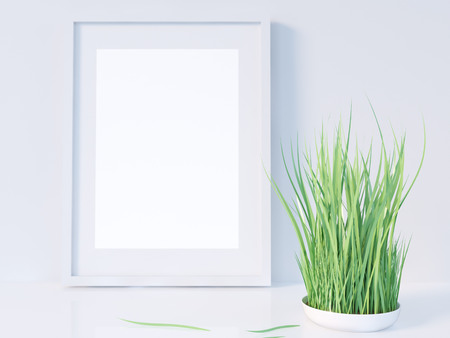 Layout poster frame, front view, with decor elements, flowers and empty space on a red background....