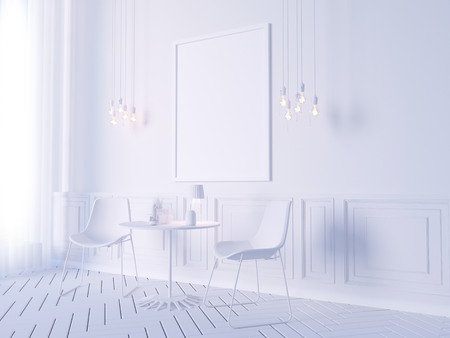 Living room interior wall mock up on white background, 3D rendering, 3D illustration studio,  style,  template,  up,  urban,  wall,  white,  woodenの写真素材