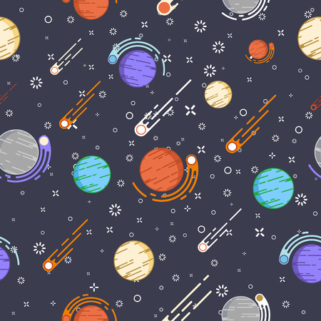 Lovely outer space planets vector flat seamless pattern with asteroid, comet, stars. Ideal for wrapping paper printable, website background, wallpaper and fabric design. Artwork on separate layerのイラスト素材