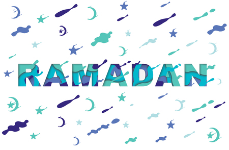 Ramadan Kareem Greeting card with arabic Symbol of Islam - Crescent Moon. .Vector congratulation text of modern papercut multi color layers lettersのイラスト素材