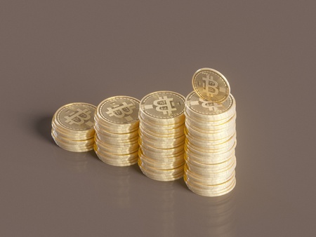 Five Virtual Coins Bitcoins On Printed Circuit Board. 3D Illustration. symbol,  trade,  virtual,  web,  yellowの写真素材