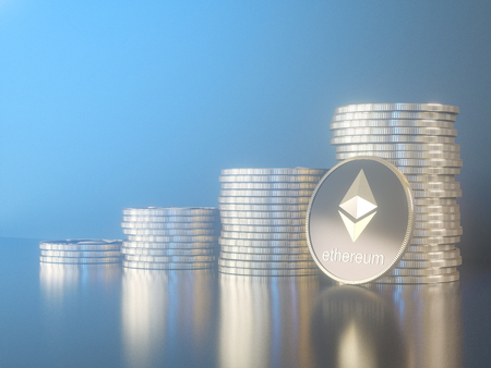 Glossy Ethereum in blurred closeup. Crypto-currency finance and banking as 3D Illustration concept....