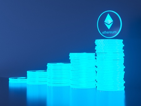 Glossy Ethereum in blurred closeup. Crypto-currency finance and banking as 3D Illustration concept....
