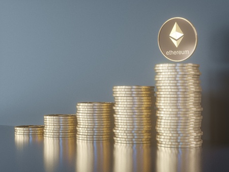 Glossy Ethereum in blurred closeup. Crypto-currency finance and banking as 3D Illustration concept....