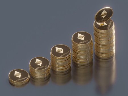 Glossy Ethereum in blurred closeup. Crypto-currency finance and banking as 3D Illustration concept....