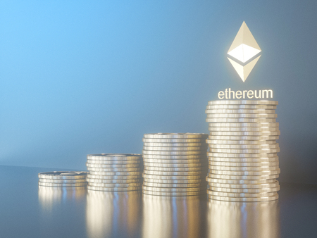 Glossy Ethereum in blurred closeup. Crypto-currency finance and banking as 3D Illustration concept....