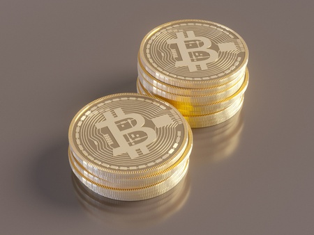 Five Virtual Coins Bitcoins On Printed Circuit Board. 3D Illustration. symbol,  trade,  virtual,  web,  yellowの写真素材