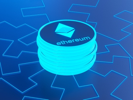 Glossy Ethereum in blurred closeup. Crypto-currency finance and banking as 3D Illustration concept....