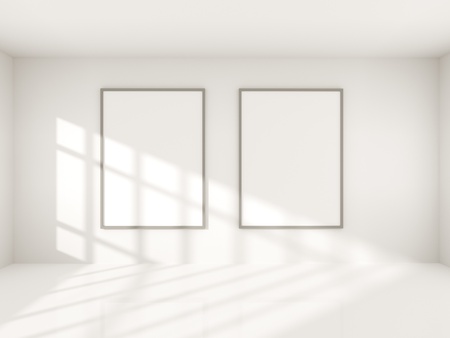 Bright concrete room with empty poster. Gallery, exhibition, advertising concept. Mock up, 3D illustration poster,  real,  render,  renderingの写真素材