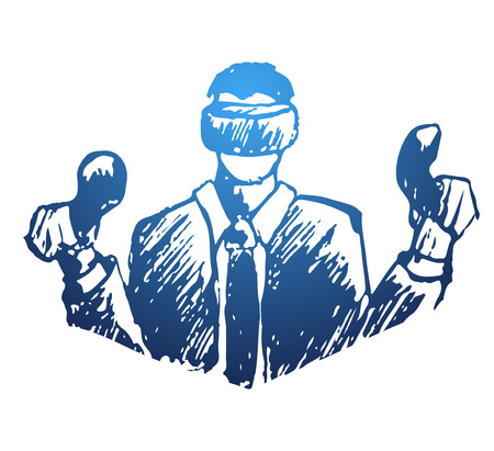 Man wearing virtual reality goggles, sketch style, vector illustration, happyのイラスト素材