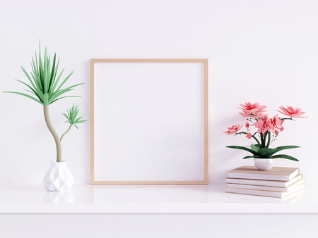 Home interior poster mock up with square metal frame and plants in pots on white wall background. 3D...