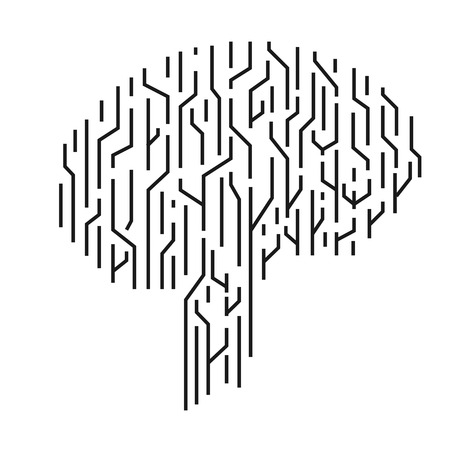 Big data and artificial intelligence concept. Machine learning and cyber mind domination concept in form of human brain outline outline with circuit board. vector.のイラスト素材