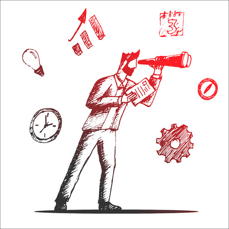 Hand drawn man looking forward with a spyglass concept sketch. with a piece of paper in hand. Isolated vector illustrationのイラスト素材