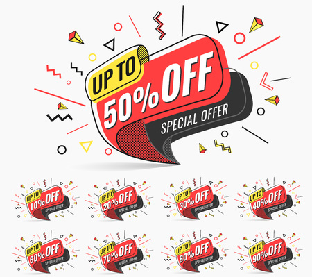 Sale tags set vector badges template, 10 off, 20 , 90, 80, 30, 40, 50, 60, 70 percent sale label symbols.のイラスト素材