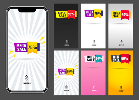 Splash vertical banner sale promotion modern design.swipe up for stories. in six versions. mockup phone. vector illustrationのイラスト素材