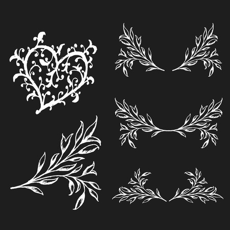 Vintage set of hand drawn tree branches with leaves and flowers on white and black background. heart, vector illustrationのイラスト素材