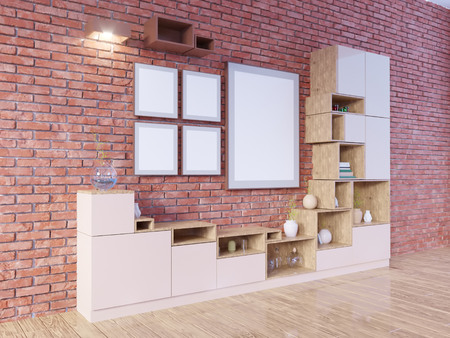 Modern bright interior with empty frame . 3D rendering. illustration template,  up,  urban,  wall, ...