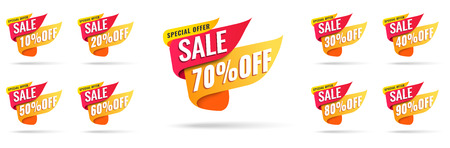 Sale tags set vector badges template, 10 off, 20 , 90, 80, 30, 40, 50, 60, 70 percent label symbols,