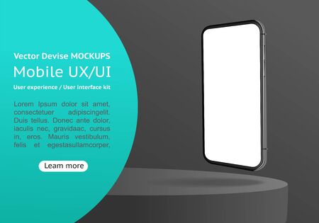 Realistic Smartphone Mockup with website elements on a black background. 3D realistic Cell phone Mockup. Mobile phone for a presentation. Vector illustration.のイラスト素材