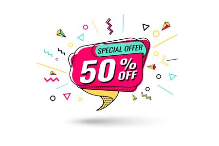 Super sale, weekend special offer banner template in flat trendy memphis geometric style, retro 80s - 90s paper style poster, placard, web banner designs, vector illustrationのイラスト素材