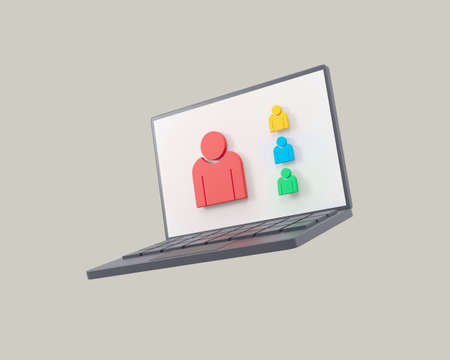 Online meeting 3d icon, video conference, zoom, notebook on gray backgroundの写真素材