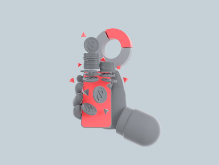 icons. hand with the phone. Bundles of cash and floating red coins on a gray background. 3d...