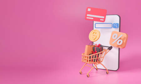 3d illustration isolated on a colored background.Hand holding mobile smart phone with shopp...