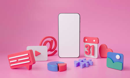 3D Online Social media communication platform concept. phone with emoji, comment, love, like and play icons. 3d render illustrationの写真素材