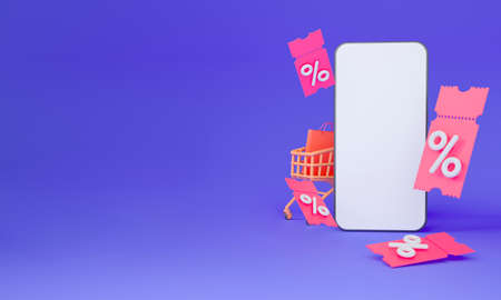 Mobile phone mockup with coupons. With a shopping basket. 3d render illustrationの写真素材