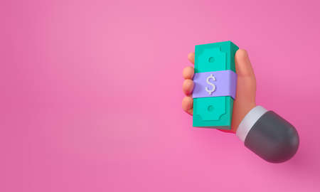 3D hand holding banknote on pink background, saving money, online payment and payment concept. 3d render illustrationの写真素材
