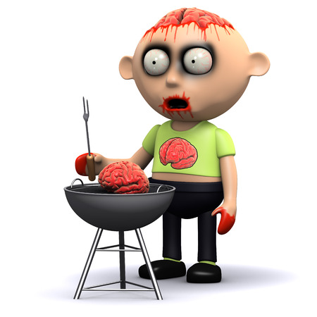 3d render of a zombie cooking brains on a barbequeの写真素材