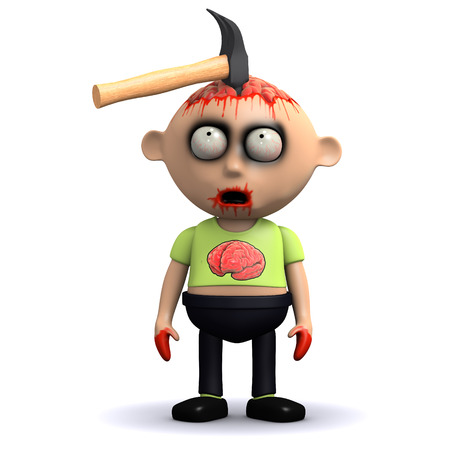 3d render of a zombie with a hammer in his headの写真素材