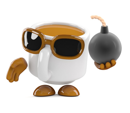 3d render of a coffee cup character holding a bombの写真素材