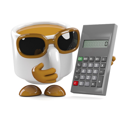 3d render of a coffee cup holding a calculatorの写真素材