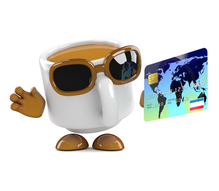 3d render of a coffee cup character holding a debit cardの写真素材