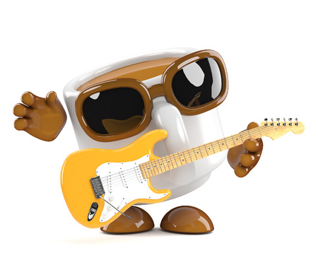 3d render of a coffee cup character playing electric guitarの写真素材