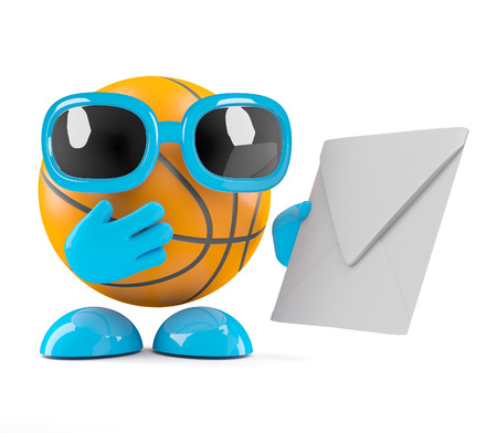 3d render of a basketball character holding an envelopeの写真素材