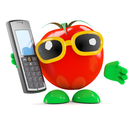 3d render of a tomato chatting on a cellphoneの写真素材